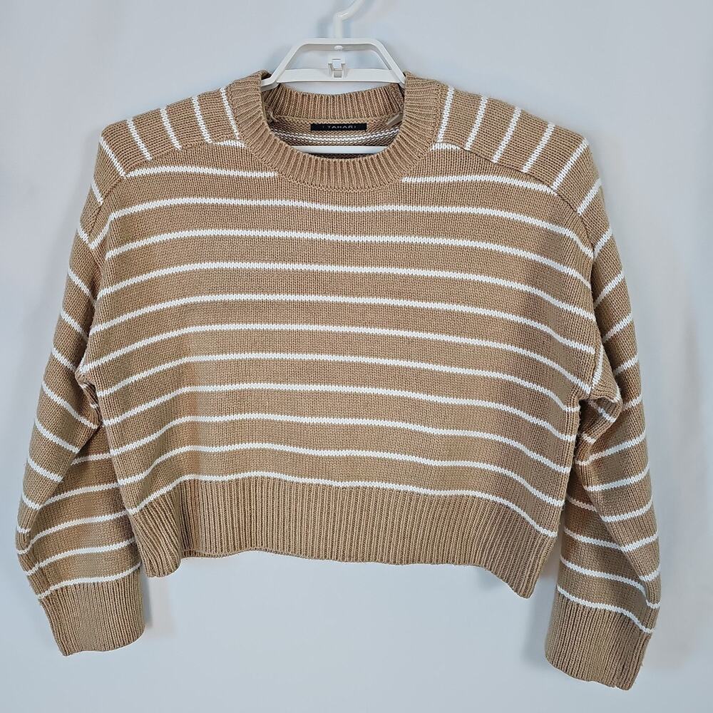 Tahari Striped Cropped Sweater Beige and White Knit Pullover Women’s Sz. Medium